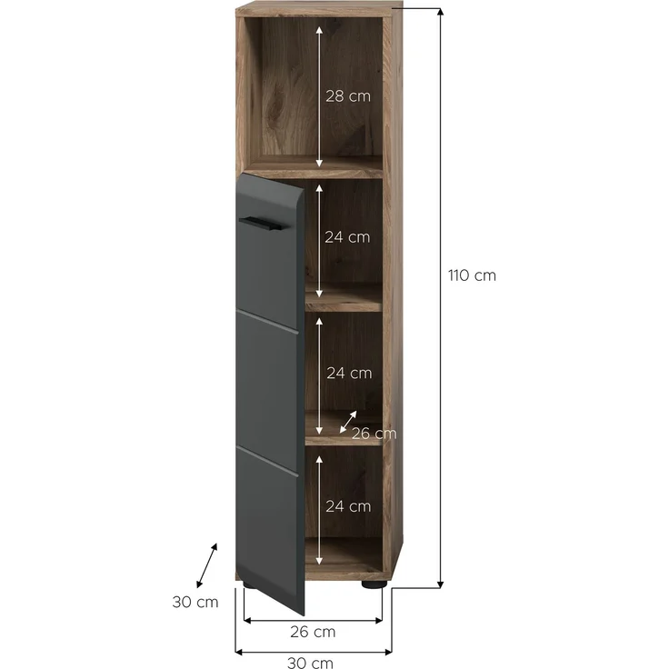 Standschrank hoch (B/H/T: 30x110x30 cm) in schwarz matt und Nox Oak Nachbildung – Bild 4