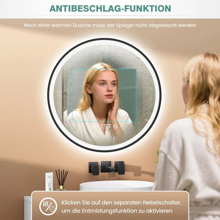 Pesenxan Runder LED Badspiegel Ø 70 cm, dimmbar, 3 Lichtfarben & Antibeschlag, 3-in-1-Touchsteuerung, 24h-Digitaluhr, mattschwarzer Aluminiumrahmen, für Badezimmer, Schwarz – Bild 5
