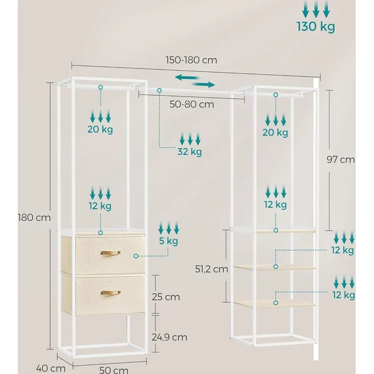 Songmics Kleiderschrank Kleiderständer hochbelastbar, 2 Schubladen, 4 Ablagen – Bild 4