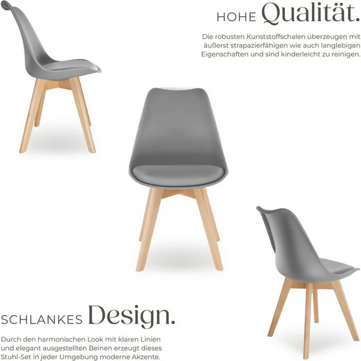 tectake Esszimmerstuhl Küchenstuhl Scandi-Design, gepolsterte Sitzfläche, 49 x 53 x 82 cm (Polsterstuhl Frederikke in grau, 2 St), ergonomische Form, massive Holzbeine, bodenschonende Filzgleiter – Bild 3