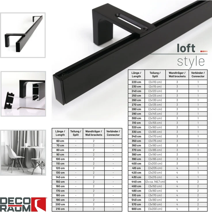 Deco-Raum® Gardinenschiene Innenlauf Loft | Befestigung: Wandträger | Größe: 420cm | Material: Aluminium | Farbe: Schwarz – Bild 3