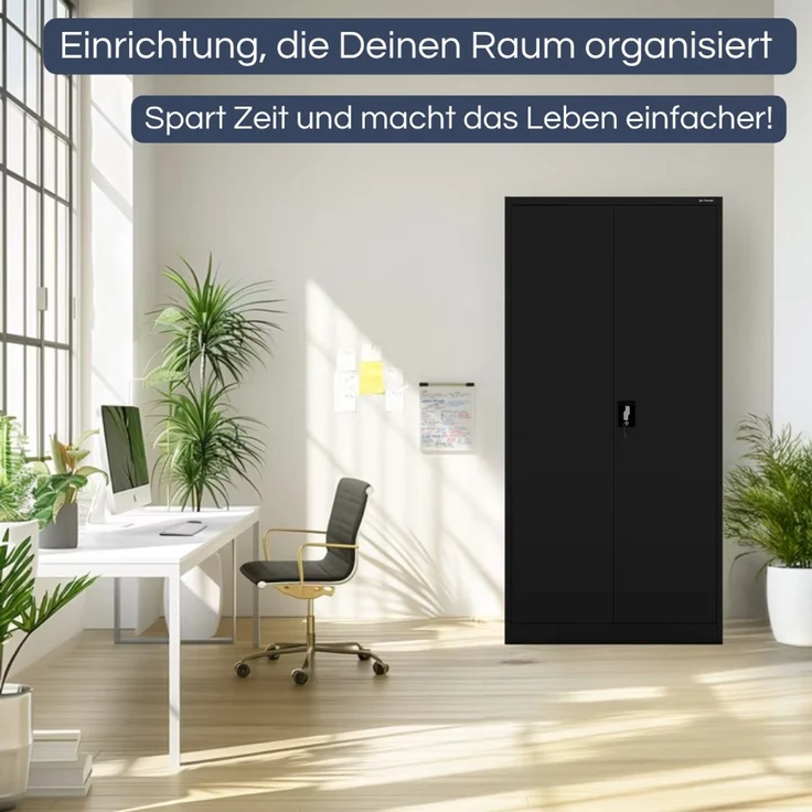 Aktenschrank abschließbar KADO - 5 Ebenen verstellbar, Flügeltüren | Metallschrank Werkstatt Mehrzweckschrank Büroschrank aus Stahl Werkzeugschrank, 185 x 90 x 60 cm Schwarz – Bild 3