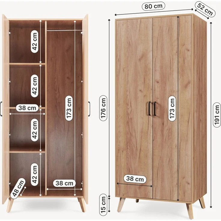 Kleiderschrank Norg 191x80x52 cm 2 Türen 4 Fächer Eicheoptik [en. casa] – Bild 2