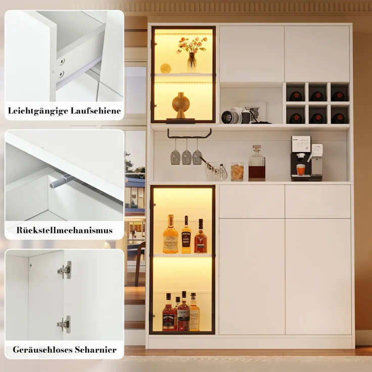 Hochschrank 120 x 33 x 200 cm in Weiß mit LED-Beleuchtung, Glastüren und Schubladen – Bild 8