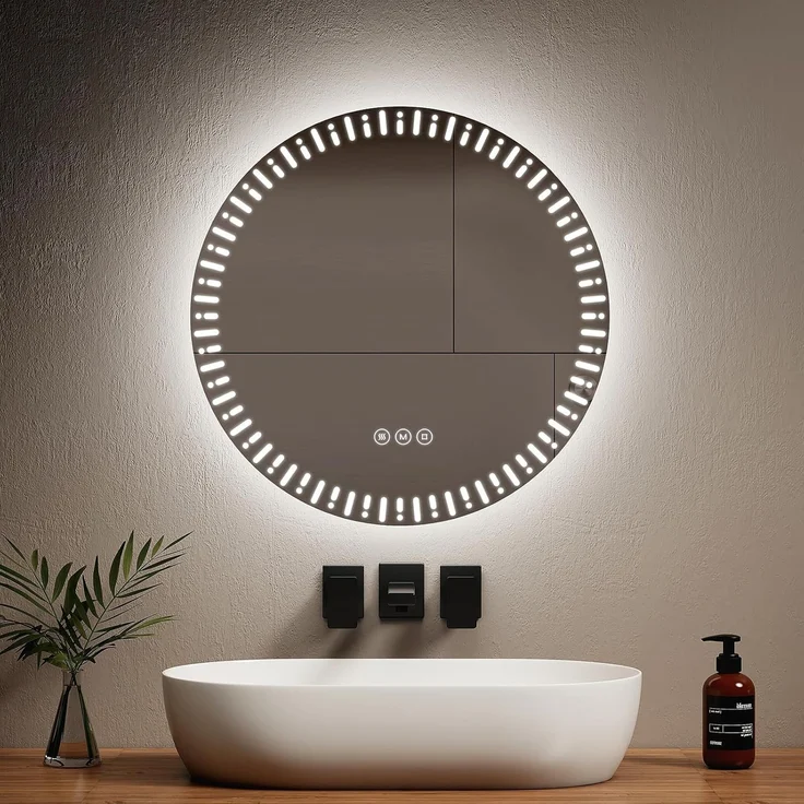 EMKE Runder Badezimmerspiegel mit LED-Hintergrundbeleuchtung, Durchmesser 60 cm, mit Anti-Beschlag + Touch-Schalter + 3 Lichtfarben variabel, runder Spiegel, modern, Badezimmerspiegel – Bild 1