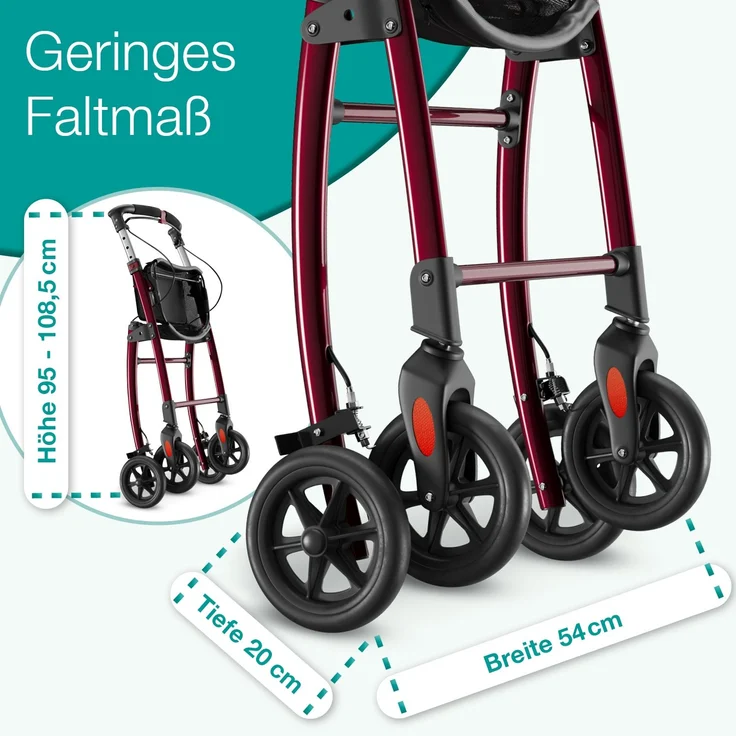 ELONEO Wohnungsrollator 54cm breit, faltbar und leicht, inkl. Tablett & Stoffkorb »Premium«, rot – Bild 5