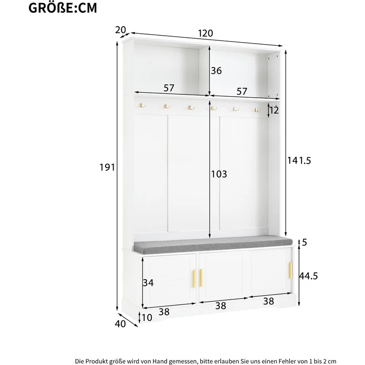 Garderobenständer mit Schuhbank, Garderobe, 6 Dreifach-Haken,freistehend, platzsparend, für Eingangsbereich,Flur, Weiß, 120×40×191cm – Bild 5