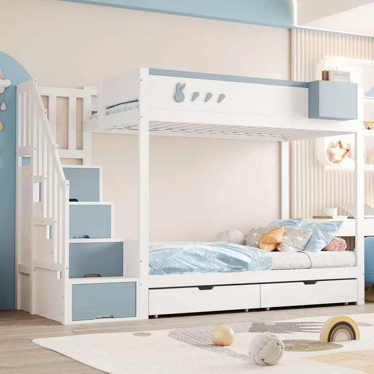 Kinder-Etagenbett 90x200 cm mit Kaninchen-Design, Stauraumleiter, Schubladen, Ablagefach, Massivholz,Weiß & blau