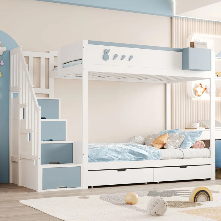 Kinder-Etagenbett 90x200 cm mit Kaninchen-Design, Stauraumleiter, Schubladen, Ablagefach, Massivholz,Weiß & blau – Bild 1