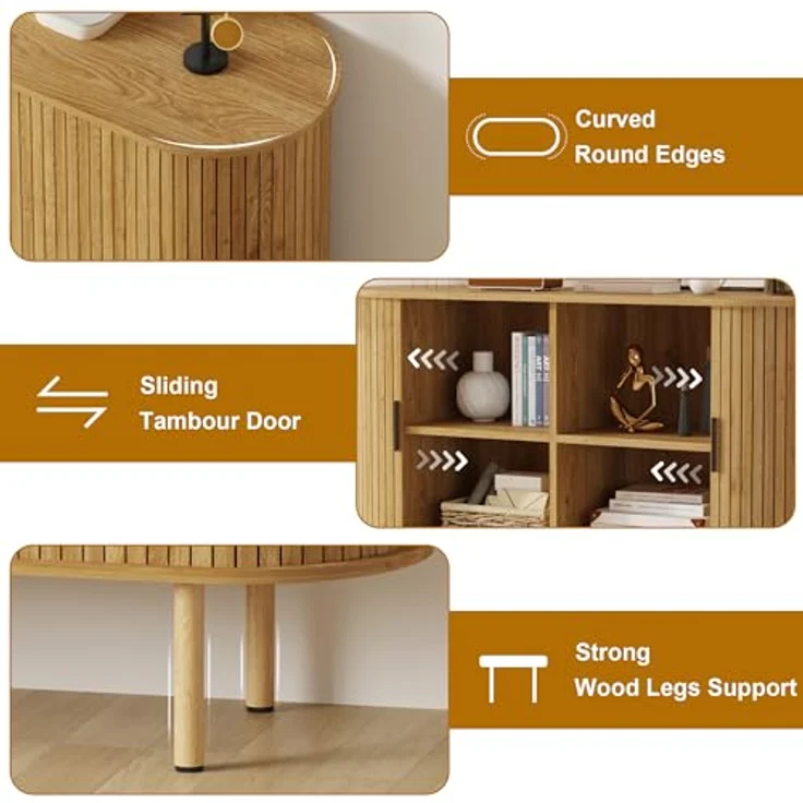 GarveeHome Ovales Sideboard, Buffet mit Schiebetüren, 2-stöckiger Wohnzimmerschrank mit verstellbaren Einlegeböden, für Wohnzimmer, 120 x 40 x 80 cm – Bild 5