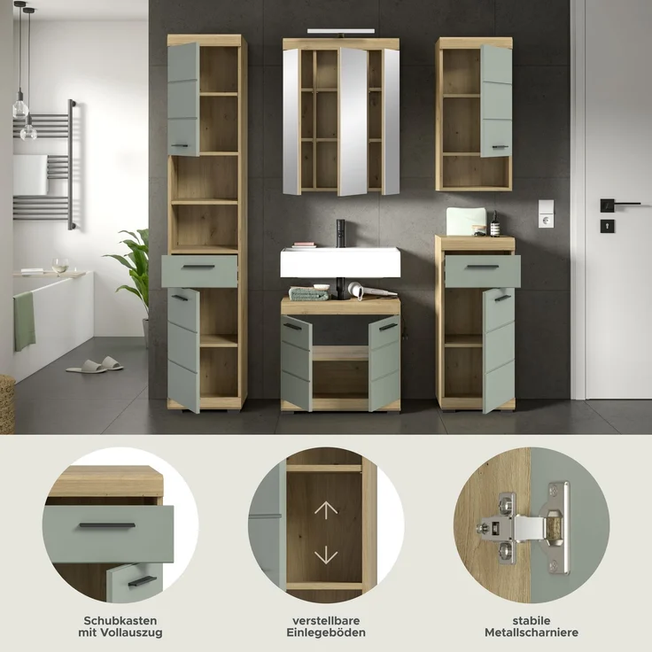 Xonox Scout Badkombination (B/H/T: 164x191x34 cm) in Salbei und Artisan Eiche Nachbildung – Bild 9
