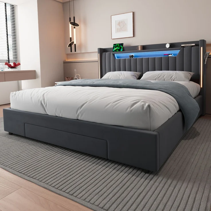 Polsterbett 180x200 cm mit LED-Beleuchtung, Stauraum und Schublade – Ohne Matratze – Bild 3