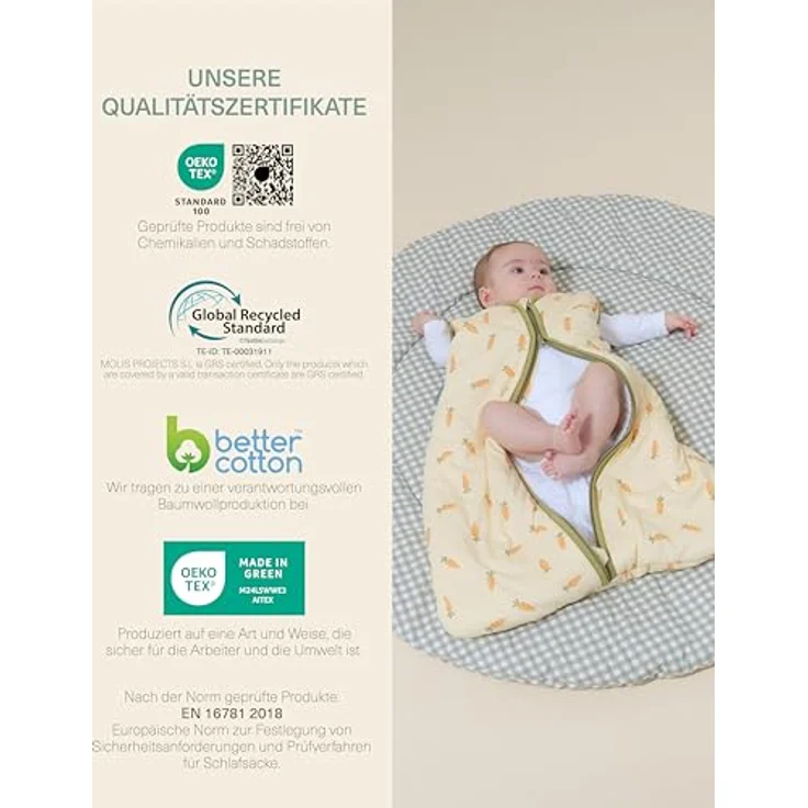 molis&co - Baby Schlafsack 2.5 TOG - Ganzjahres Schlafsack - Babyschlafsack Neugeborene - 100% Baumwolle (Oeko-TEX 100), ärmellos Winterschlafsack wattiert - Premium Qualität - Carrots (95 cm) – Bild 7