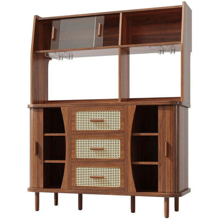 Hochwertiger Buffetschrank mit Rattanoptik & Glasschiebetüren, 174,5cm hoher Küchenschrank mit Stauraum, Naturholz-/Nussbaum-Optik, belastbar bis 60kg – Bild 10