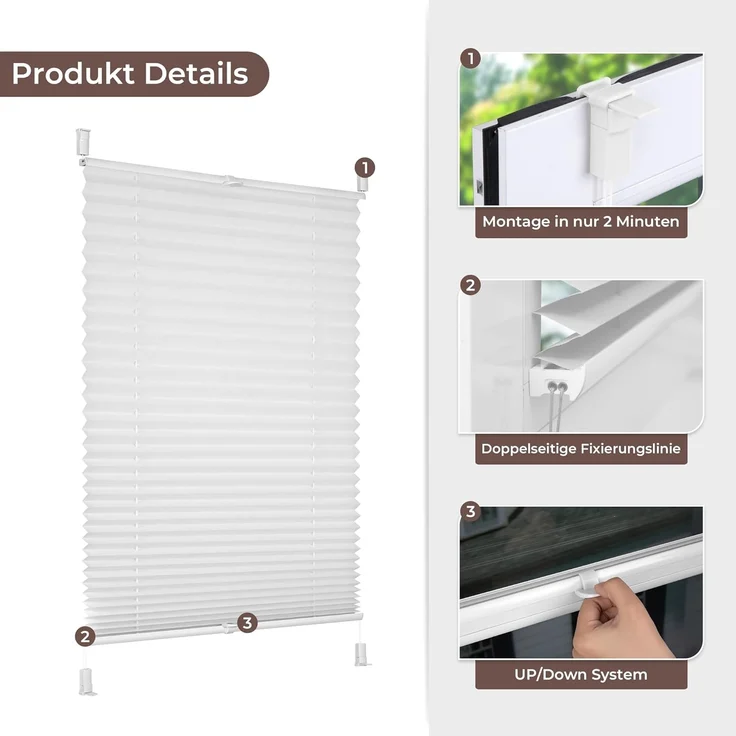 Allesin Plissee ohne Bohren Plissees Klemmfix Weiß 50x100 cm(BxH), Plisseerollo Faltrollo mit Klemmträger, Jalousie Rollos für Fenster und Tür, Sichtschutz und Sonnenschutz – Bild 2