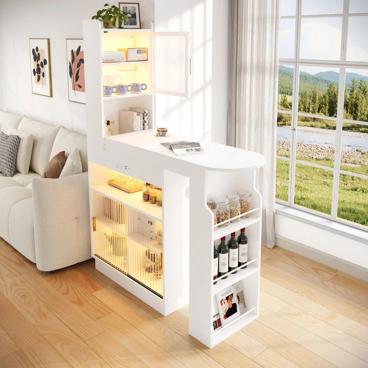 ZUBALIYA Küchenschrank mit Glastüren / Barschrank & Sideboard, mit ausziehbarer Bartisch & Stehtisch mit Stauraum und steckdose, Weiß, 131–170 x 40 x 170 cm, fürs Büro, mit LED, Samt – Bild 5
