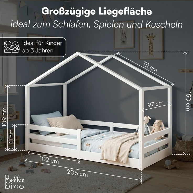 Bellabino 'Abia' Hausbett 90x200 cm mit Matratze, weiß, Kiefer Massivholz, Bodenbett in Hausoptik, Montessori Kinderbett mit Rausfallschutz und Lattenrost – Bild 9