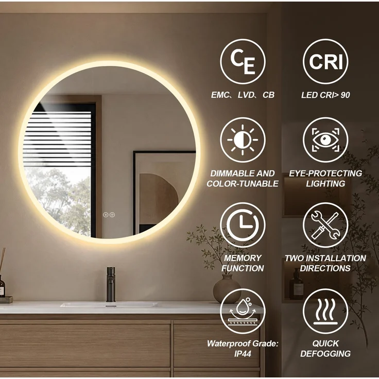 Badspiegel aus Sicherheitsglas, LED dimmbar & Antibeschlag, Ø 70 cm, Silber – Bild 7