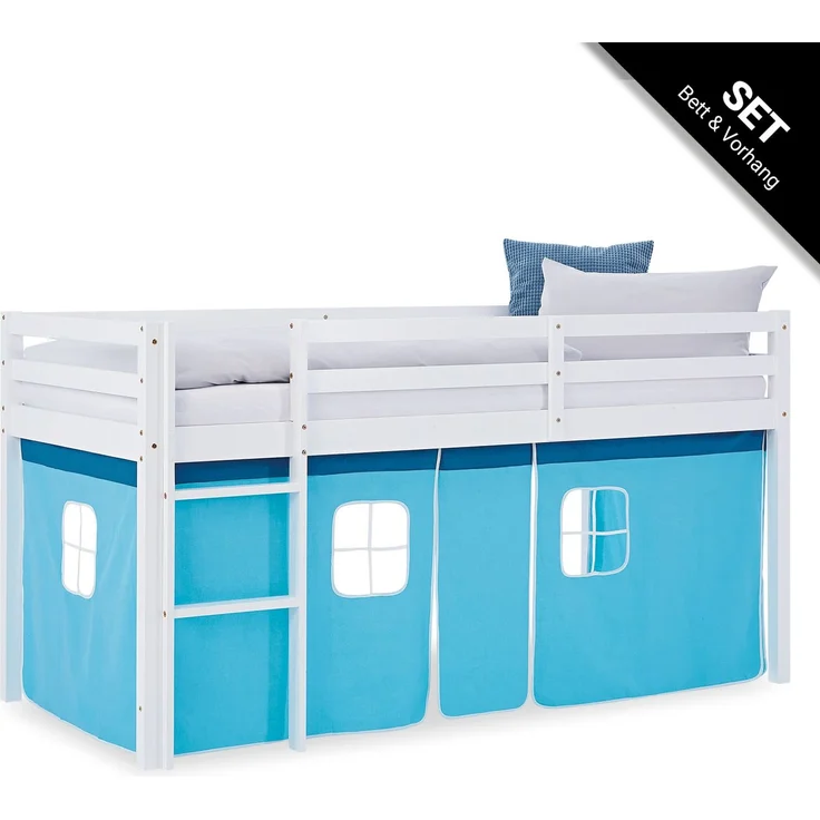 Hochbett Kinder 90x200 cm Kinderbett Kinderhochbett Stockbett Vorhang Blau Leiter Holz Massiv – Bild 1