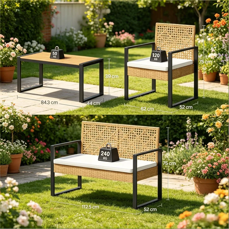 Gartentisch mit Zweisitzer-Sofa und 2 Sesseln, 83,5 x 39 x 41 cm, Naturholz, PE-Rattan und Metall – Bild 5