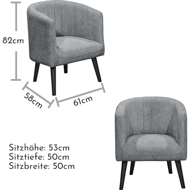 PAUL Loungesessel mit Armlehnen, Grau - Moderner Wohnzimmer Sessel gepolstert mit schwarzen Massivholz Füßen - 61 x 82 x 58 cm (B/H/T) – Bild 4