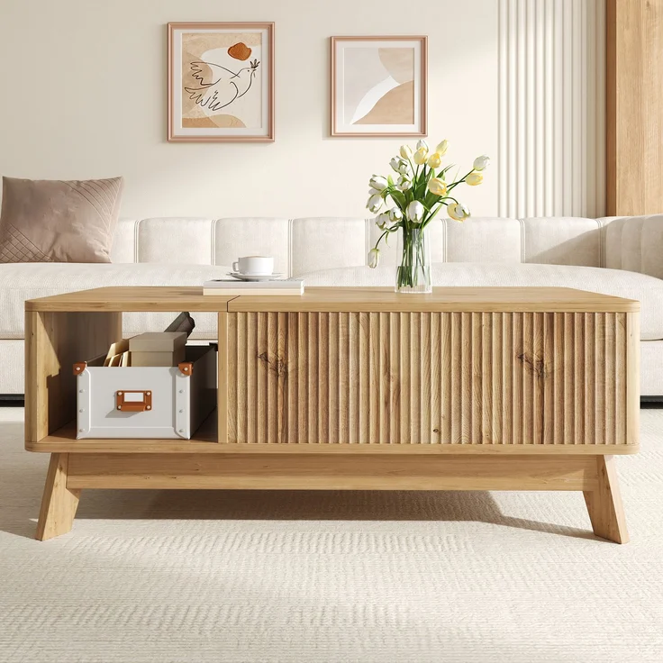 Merax Couchtisch mit Hubfunktion, Wellenoptik, offenes Seitenfach, MDF-Material, Moderner Stil, Natur – Bild 3