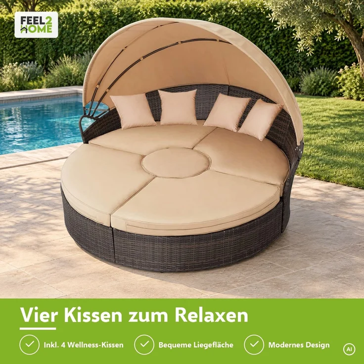 Polyrattan Sonneninsel 180cm Gartenmuschel Sonnenliege Loungebett braun/beige – Bild 4