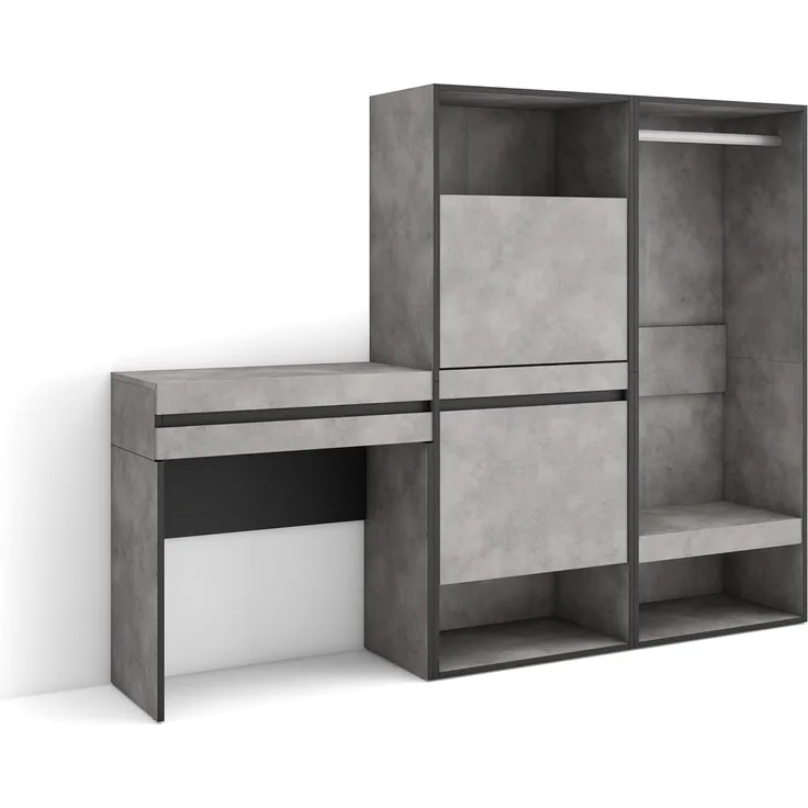 Skraut Home | Konsolentisch, Flurtisch | Beistelltisch für Eingang | 190 x 145 x 35 cm | mit Schublade | Schuhschrank | Offener Kleiderschrank | Moderner Stil | Zement