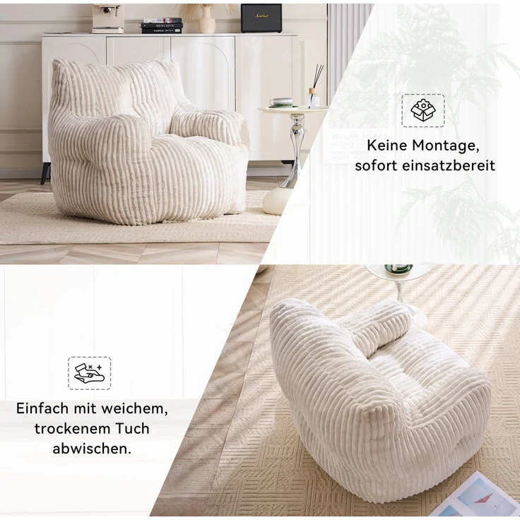 Sitzsack 100 x 94 x 70 cm mit Cord-Bezug und Memory-Schaumstoff-Füllung, Beige – Bild 8