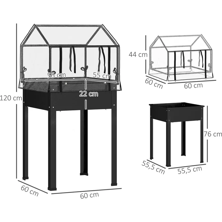 MELAYR, Hochbeet mit Gewächshaus-Dach, Erhöhte Pflanzenbox mit Ablauflöchern, 60 x 60 x 120 cm, Schwarz – Bild 5