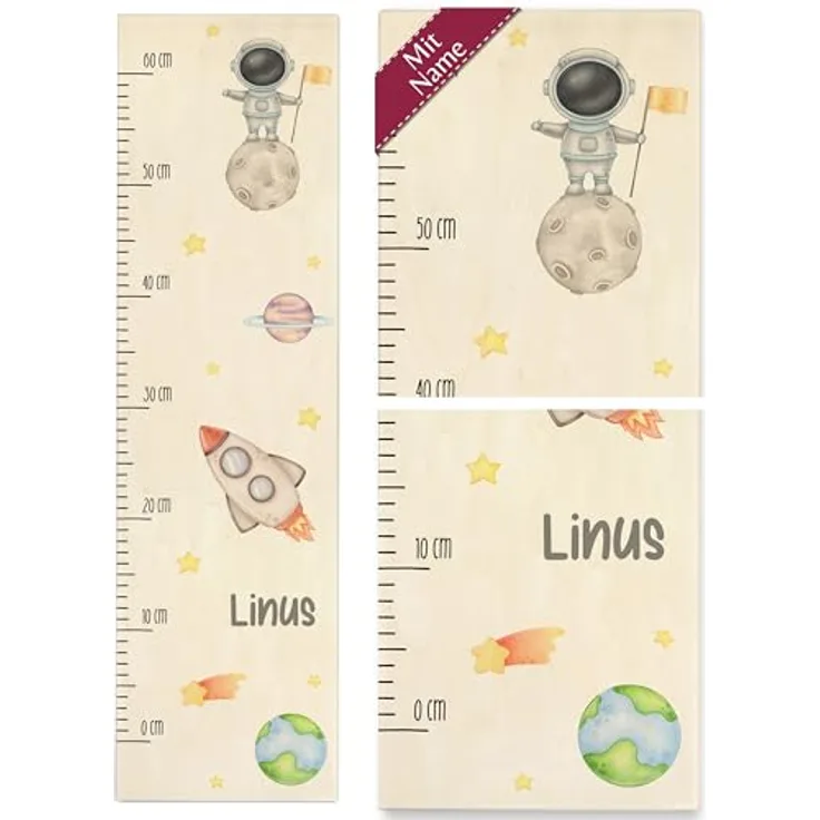 Messlatte Kind Holz - KIndermesslatte Weltall mit Astronaut und Name I Rakete I Erde I Stern I Mondlandung I Raumanzug I Weltraum - 0-60 cm - Holz - kinder personalisierte kleinkinder geschenke