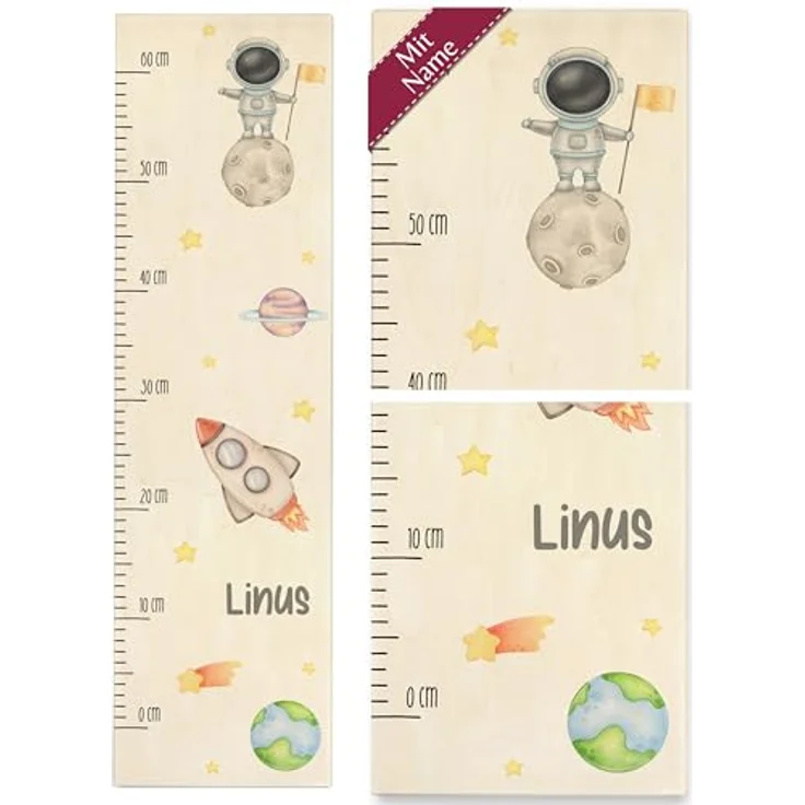Messlatte Kind Holz - KIndermesslatte Weltall mit Astronaut und Name I Rakete I Erde I Stern I Mondlandung I Raumanzug I Weltraum - 0-60 cm - Holz - kinder personalisierte kleinkinder geschenke – Bild 1