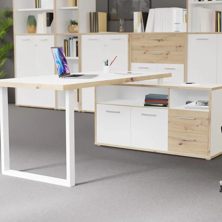 Forte KEFLAVIK Schreibtisch mit Schrank 120 130, modernes Büromöbel mit 2 Türen und 2 Schubladen, Weiß | Artisan Eiche Holzdekor, 124,2 cm breit x 74,1 cm hoch x 181 cm tief
