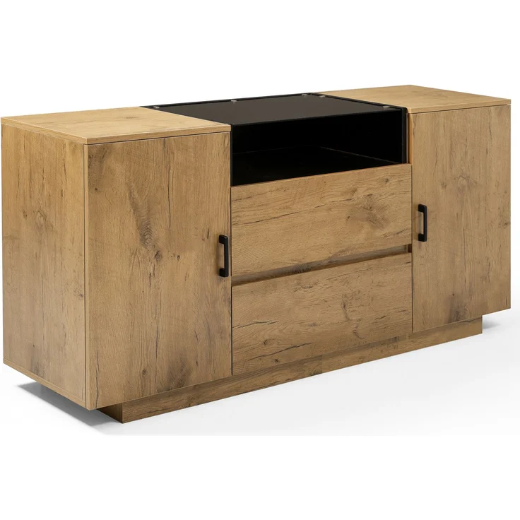 Merax Kommode Sideboard mit 2 Schubladen + 2 Schränken (innen höhenverstellbar) & offenem Fach - ESG-Glas & schwarze Griffe, H70/B140/T40 cm – Bild 9