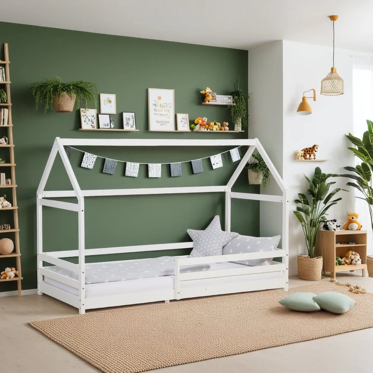 Kinderbett Hausbett mit Rausfallschutz 90x200 cm Bodenbett Montessori Bett Bettenhaus Lattenrost – Bild 2