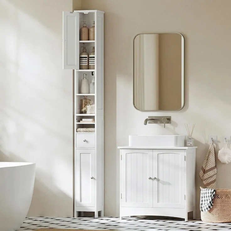 VASAGLE Badezimmerschrank, Badschrank, hoch, schmaler Aufbewahrungsschrank, mit verstellbaren Ablagen, Schublade, offenen Fächern, für kleine Räume, modern