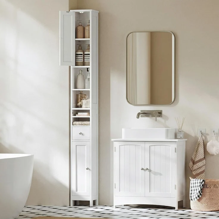 VASAGLE Badezimmerschrank, Badschrank, hoch, schmaler Aufbewahrungsschrank, mit verstellbaren Ablagen, Schublade, offenen Fächern, für kleine Räume, modern