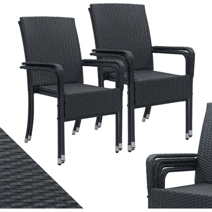 Juskys Polyrattan Gartenstühle Yoro 4er Set - mit Armlehnen & Rückenlehne - 4 Stühle stapelbar - Rattan Stuhl Garten - Stapelstuhl Schwarz