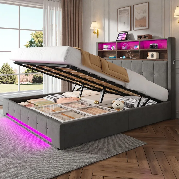 TavilaEcon Polsterbett mit Bettkasten und USB-C-Anschluss grau Liegefläche 180 × 200 cm