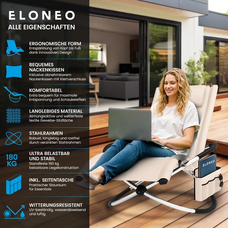 ELONEO Gartenliege Schaukelliege Outdoor mit Tasche, Strandliege klappbar bis 180 kg, Schaukelsessel, Liegestuhl wetterfest, Sonnenliege für Garten & Balkon – Bild 3