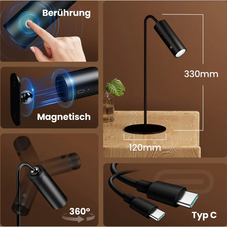 EMKE LED Tischlampe kabellos, 6-in-1 Wiederaufladbare Tischlampen, dimmbar, mit Touch LED, schwarz, Tischlampe Outdoor, 3 Farbmodi, 360° einstellbare magnetische Wandleuchte, USB-C, Schwarz – Bild 3
