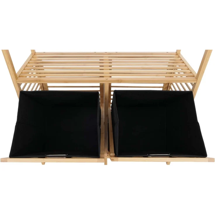 Bambus-Badezimmerschrank HWC-N83, Regal Badschrank, 2 Wäschekörbe 4 Regalböden MVG 168x81x33cm ~ natur, Korb anthrazit – Bild 4