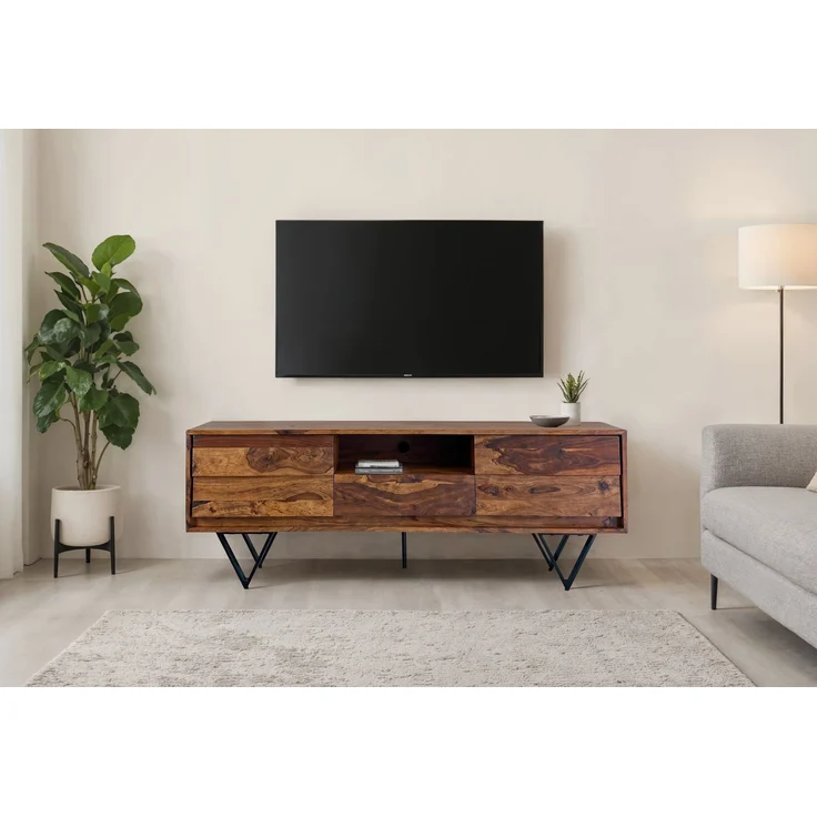 FineBuy TV Lowboard Sheesham Massivholz 160 cm, Fernsehtisch mit Türen, Schublade, offenem Fach & Kabeldurchlass, TV Board mit 3D Fronten & schwarzen Metallfüßen im Industrial Design – Bild 2