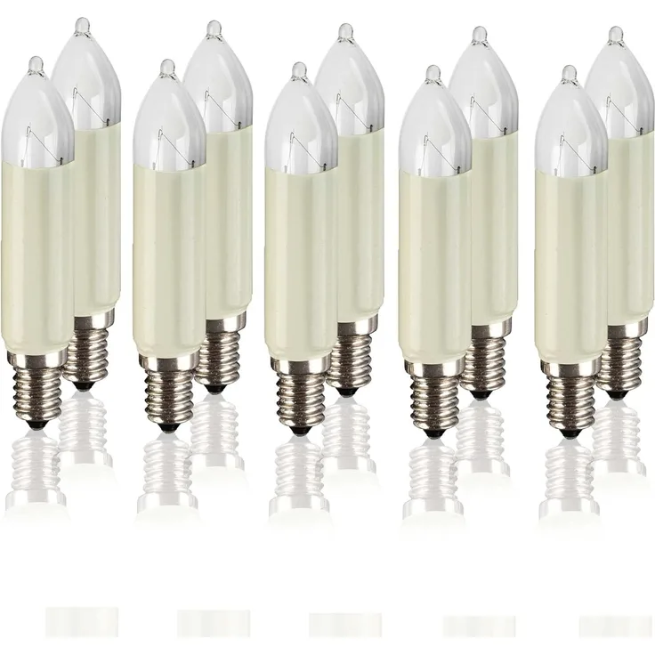 hellum Ersatz-Kerzen für Weihnachtsbaum Kerzen Lichterketten innen und außen, 10 Stück 16V 7W Schaftkerze für Kerzen Lichterketten mit 15 Brennstellen, ø20mm E14/ 16V/ 7W/ 47Lumen 905014