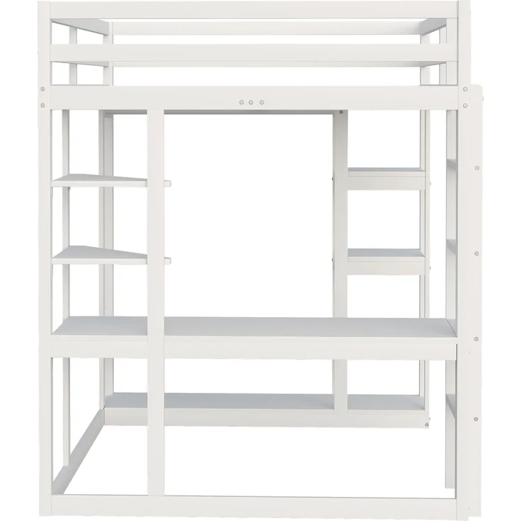 Hochbett 140x200 cm mit Schreibtisch und Stauraum,Kinder- & Jugendbett aus Massivholz,Leiter & Regale,Weiß – Bild 9