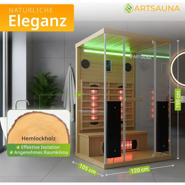 Artsauna Infrarotkabine Göteborg 120 – Natur, Wärmekabine mit Vollspektrumstrahlern, Hemlockholz & Sicherheitsglas, LED-Beleuchtung – Bild 2