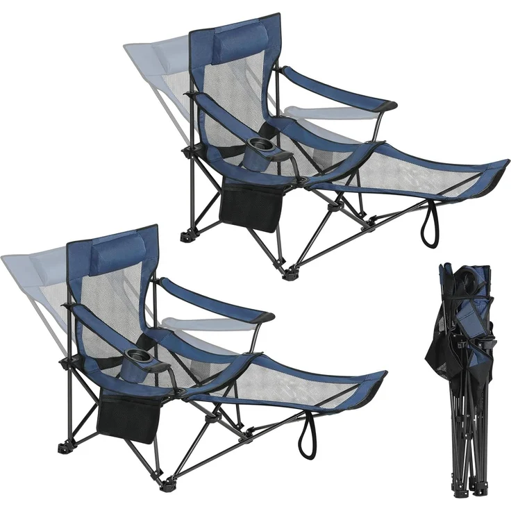 eSituro Faltstuhl Klappstuhl Campingstuhl klappbar, 2er Set, bis 150 kg, Angelstuhl Anglersessel faltbar, Campingliege mit Getränkehalter & Tragetasche,Blau