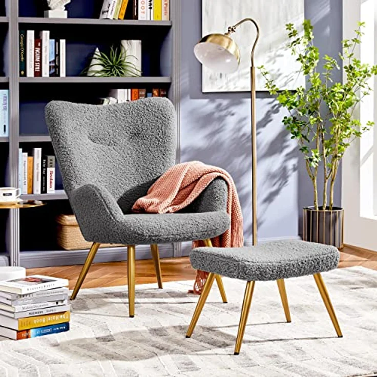 Yaheetech Ohrensessel mit Hocker Polyester-Bezug, Fernsehsessel Armlehnensessel Polstersessel Relaxsessel Cocktailsessel Teddy-Plüsch Stilvolles Design Grau – Bild 3