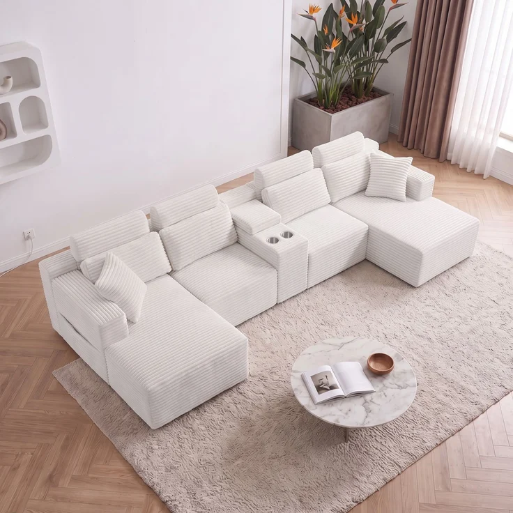 ZUBALIYA Boneless Compression Sofa, U-förmiges modulares Sofa mit integrierten Becherhaltern, Off-Weiß, 372 x 151 x 80 cm – Bild 2