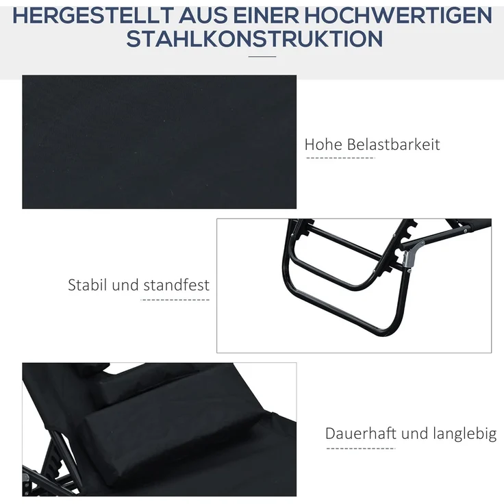 Outsunny Gartenliege Sonnenliege mit Lesefenster Gesichtsöffnung, Dreibeinliege, 1 St, Relaxliege, Schwarz L190 x B56 x H28 cm – Bild 6